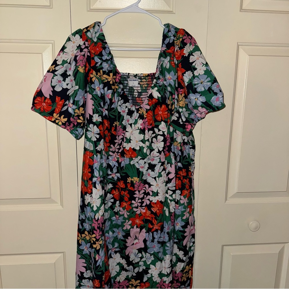 Old Navy Plus Puff Sleeve Multi Floral Midi Swing Dress